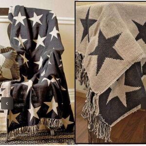 Black Tan Star Reversible Woven Cotton Throw Blanket Farmhouse Cottage Country